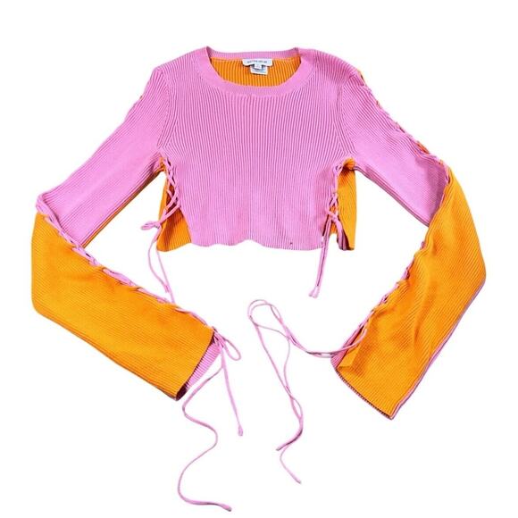 ButterMelon Pink and Orange Lace Up Sweater Size Small Ribbed Crop Top Fashion - Picture 12 of 12
